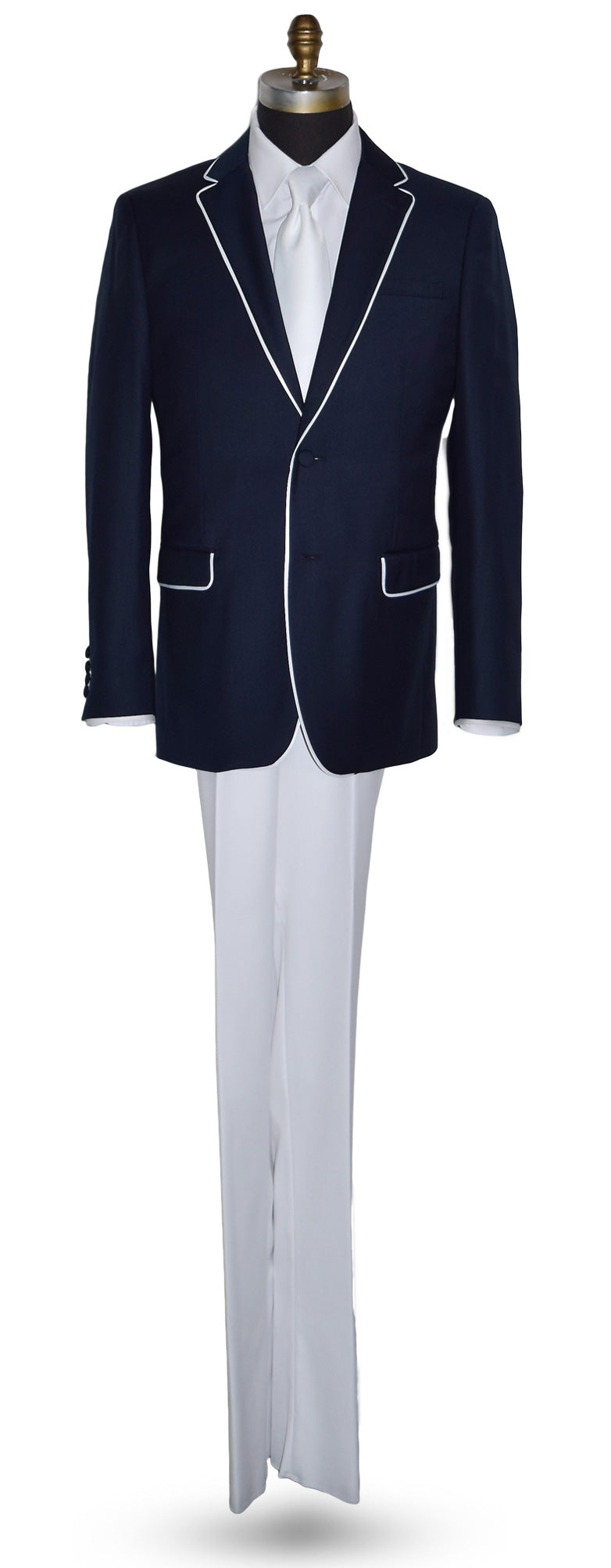 Versace Navy Blue Suit with white pants against a white background