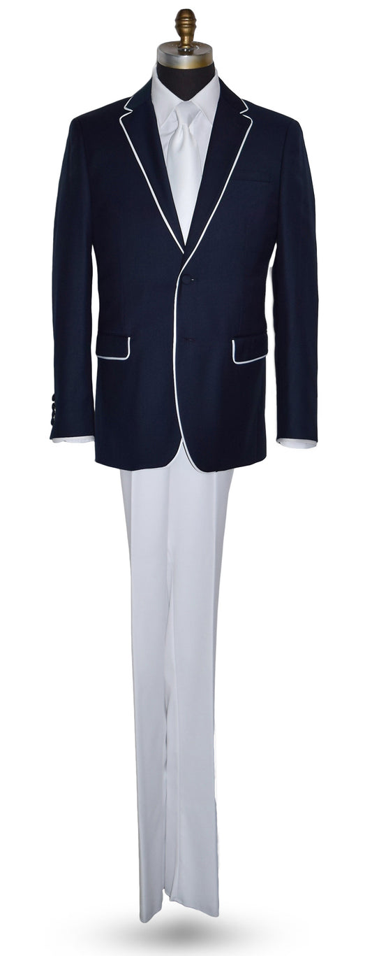 Versace Navy Blue Suit with white pants against a white background