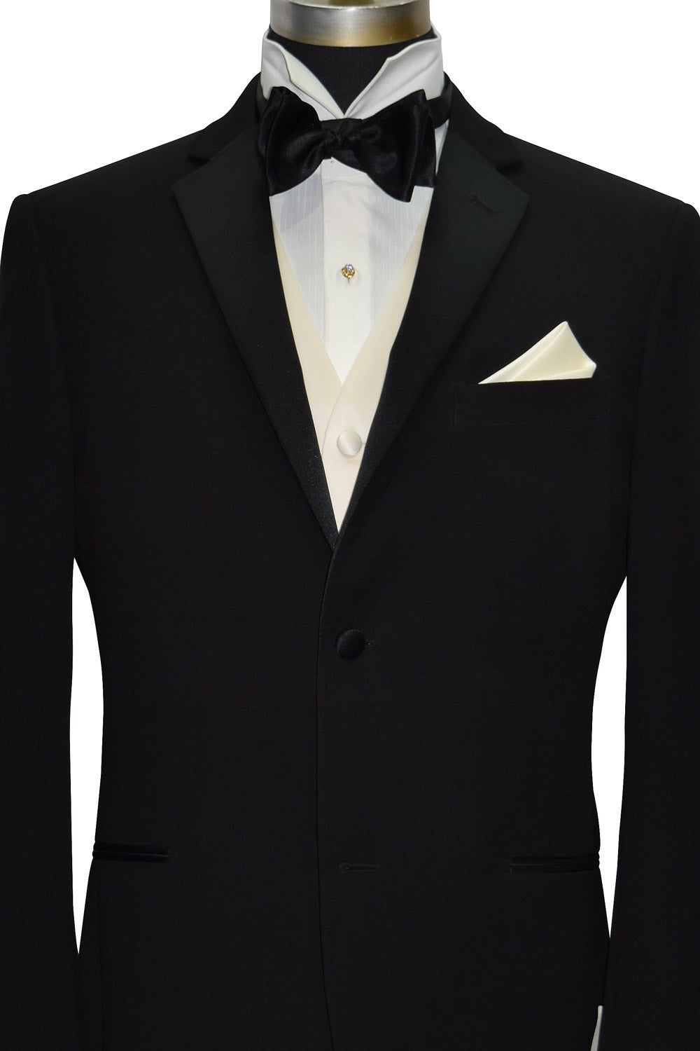 close-up mannequin wearing a black tuxedo with an ivory satin tuxedo vest and an ivory satin bowtie against a white background