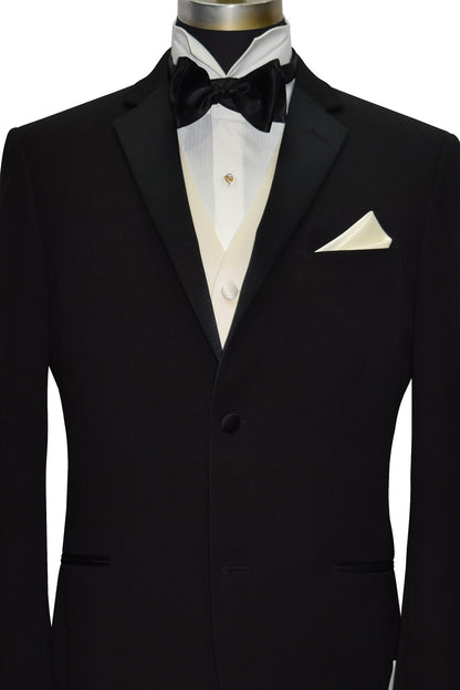 close-up mannequin wearing a black tuxedo with an ivory satin tuxedo vest and an ivory satin bowtie against a white background