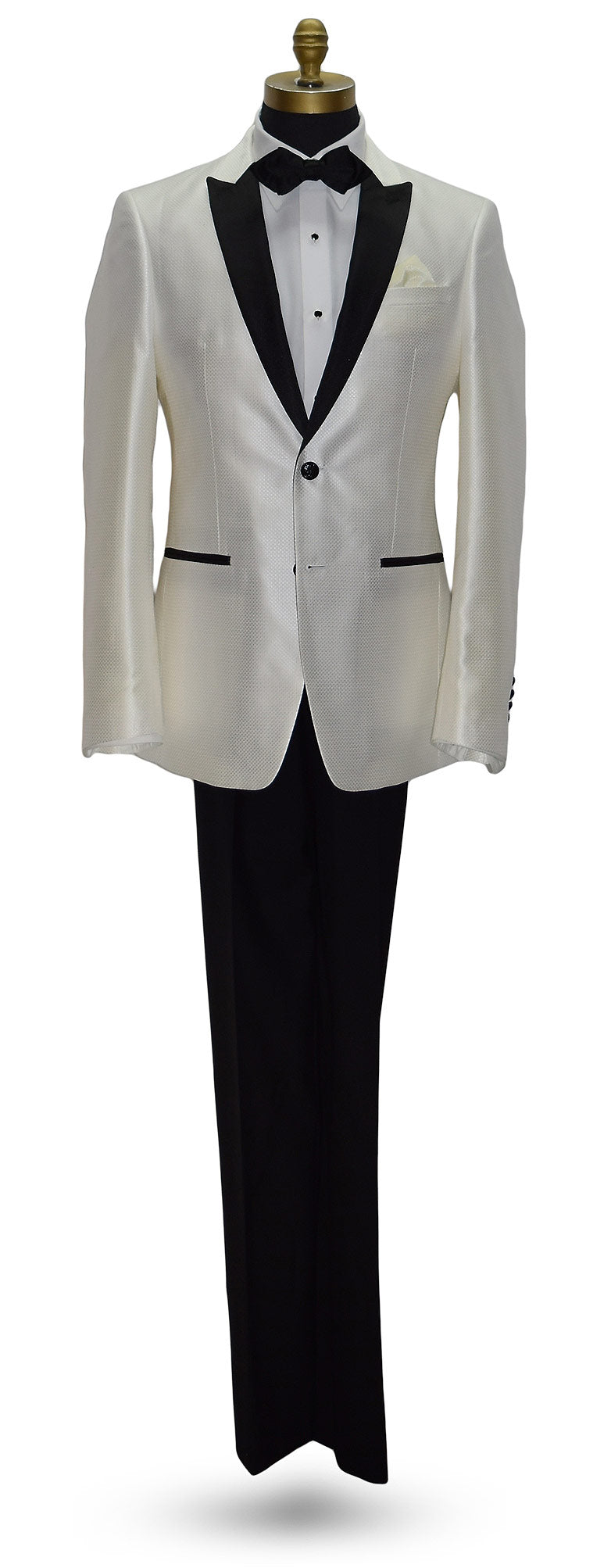 life size mannequin wearing a winter White tuxedo with black lapels and pants on a mannequin against a white background