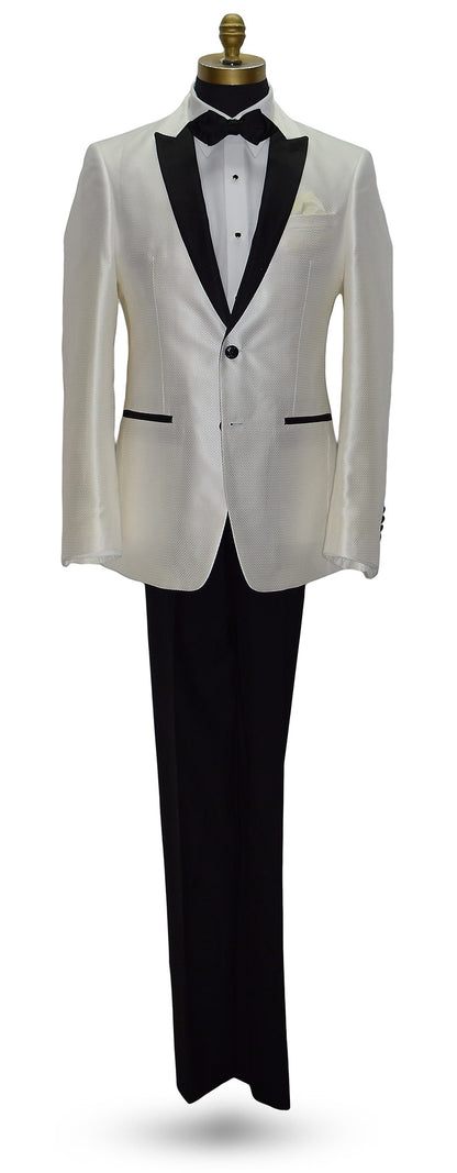 life size mannequin wearing a winter White tuxedo with black lapels and pants on a mannequin against a white background