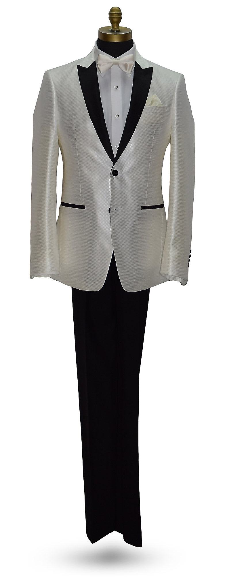 life size mannequin wearing a winter white tuxedo with black lapels wearing an ivory satin bowtie and black tuxedo pants on a mannequin against a white background
