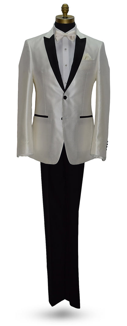 life size mannequin wearing a winter white tuxedo with black lapels wearing an ivory satin bowtie and black tuxedo pants on a mannequin against a white background
