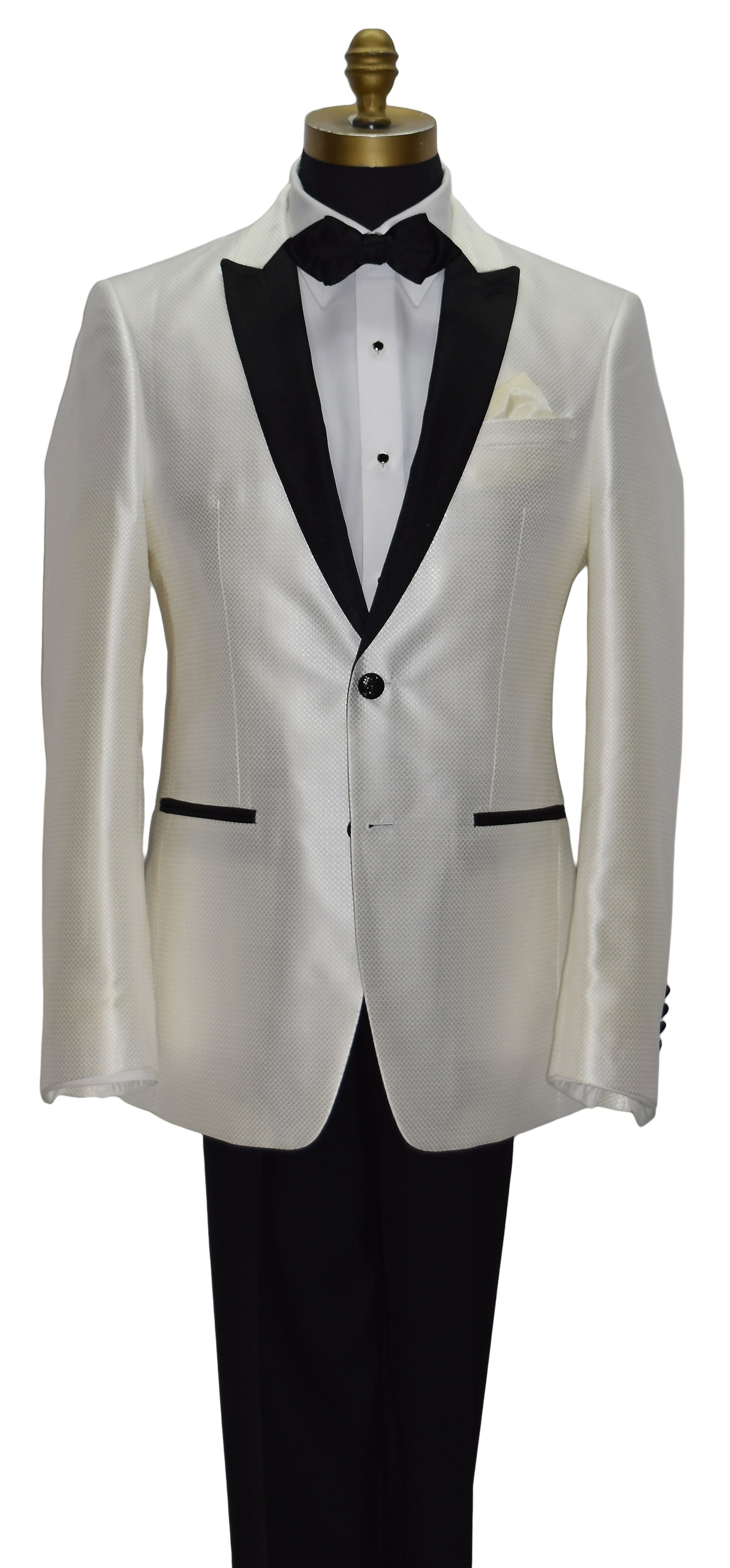 White tuxedo with black lapels wearing a black diamond tipped bowtie on a mannequin against a white background