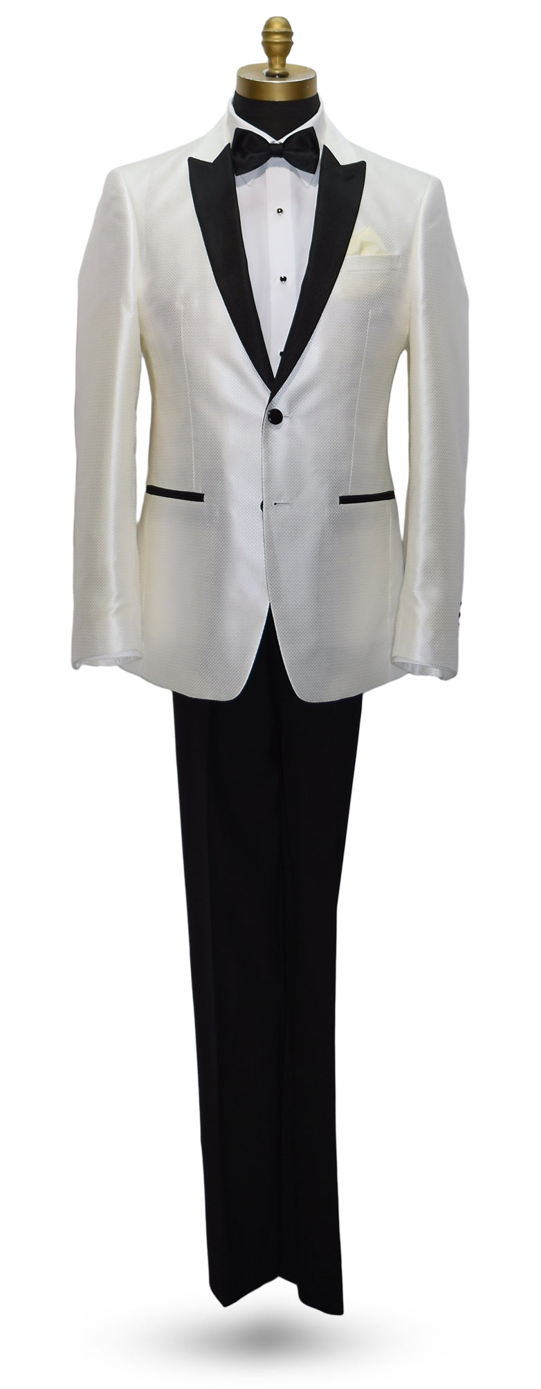 life size mannequin wearing a winter White tuxedo and a black satin bowtie with black lapels and pants on a mannequin against a white background