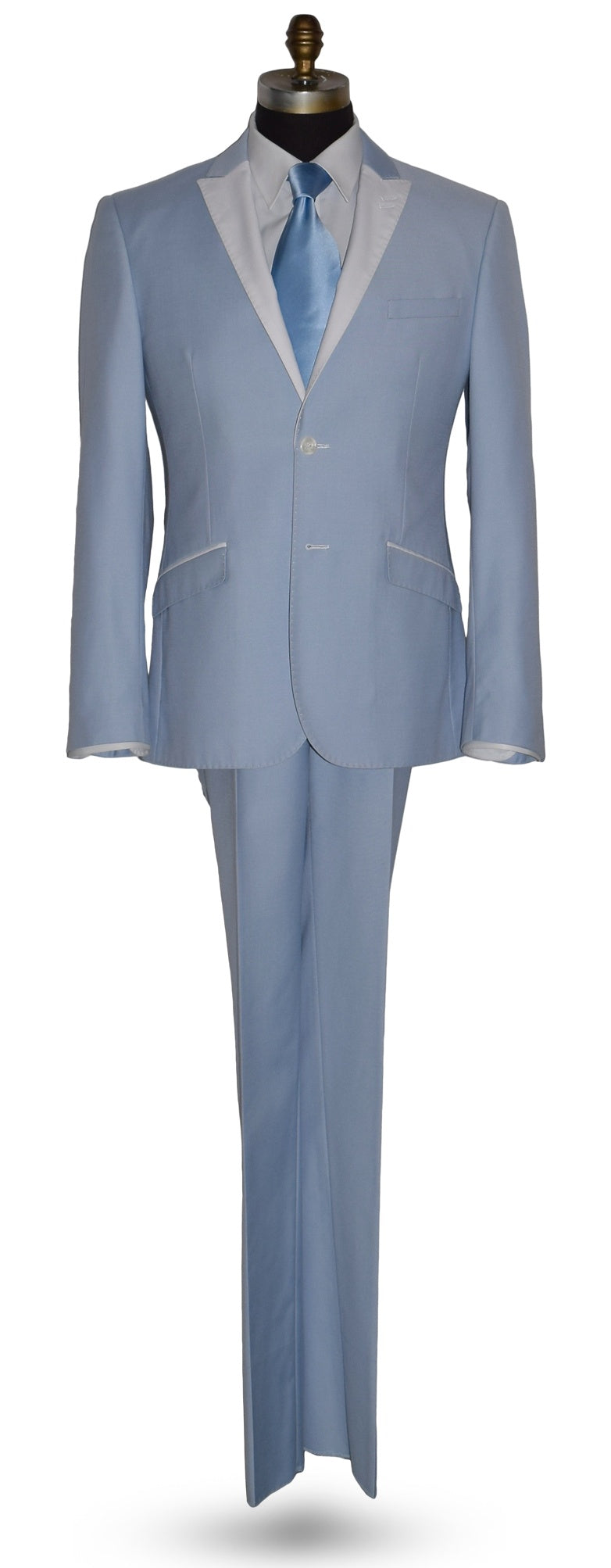 life size mannequin wearing a powder blue tuxedo with a baby blue silk necktie and mother-of-pearl studs and cufflinks against a white background