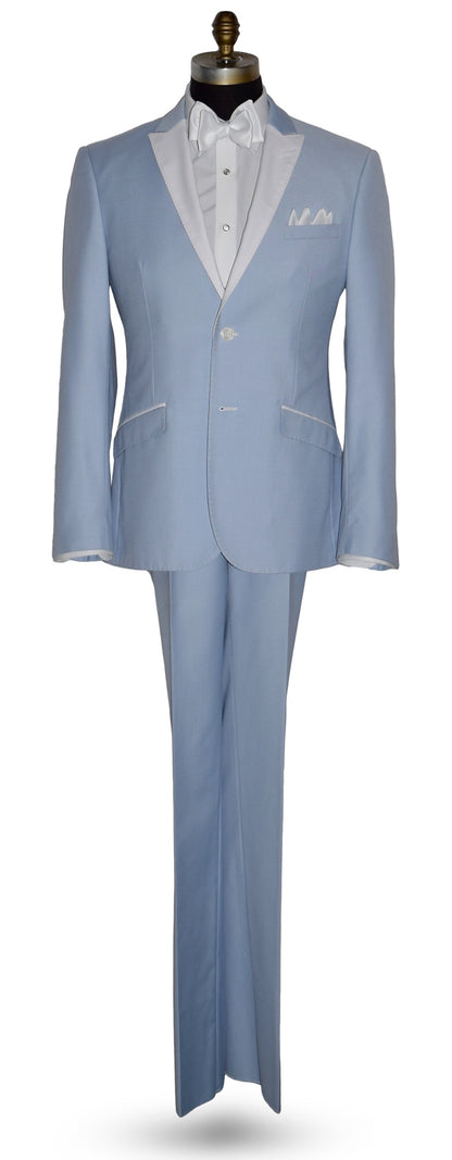 life size mannequin wearing a powder blue tuxedo with a white tie-yourself bowtie and mother-of-pearl studs and cufflinks against a white background
