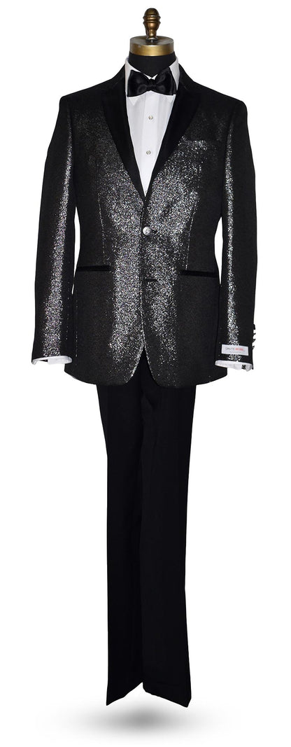 black peak lapel tuxedo with shimmer on a mannequin with a "Dante Inferno" branded label on the sleeve against a white background