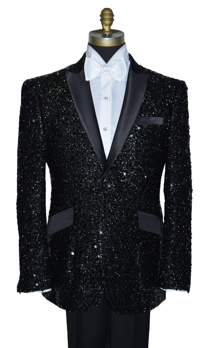 close-up Black sequin tuxedo wearing a white tuxedo shirt and a white tie-yourself bowtie on a mannequin against a white background