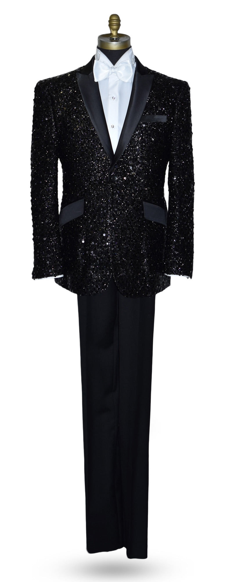 Black sequin tuxedo on a mannequin against a white background
