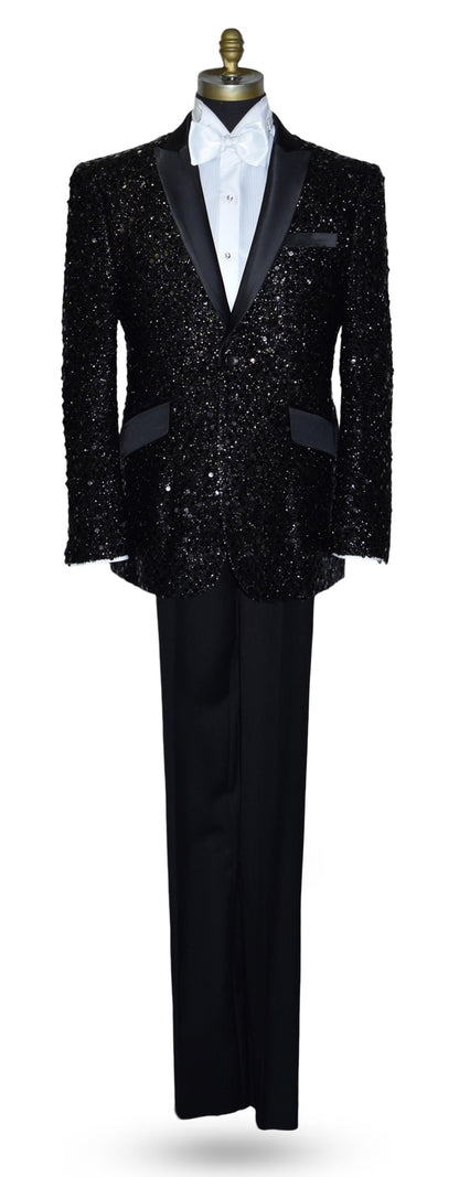 Black sequin tuxedo on a mannequin against a white background