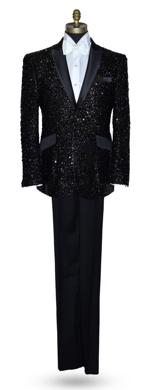 Black sequin tuxedo on a mannequin against a white background