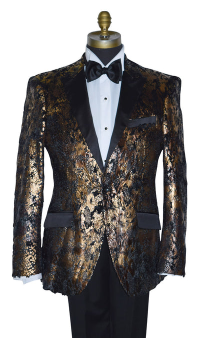 gold and black tuxedo jacket on a mannequin with a black bowtie and white tuxedo shirt against a white background