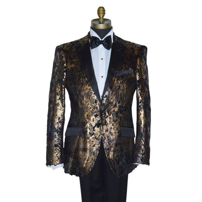gold and black tuxedo jacket on a mannequin with a black bowtie and white tuxedo shirt against a white background
