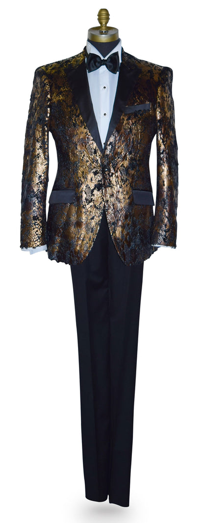 Gold and black tuxedo jacket with black pants on a mannequin against a white background