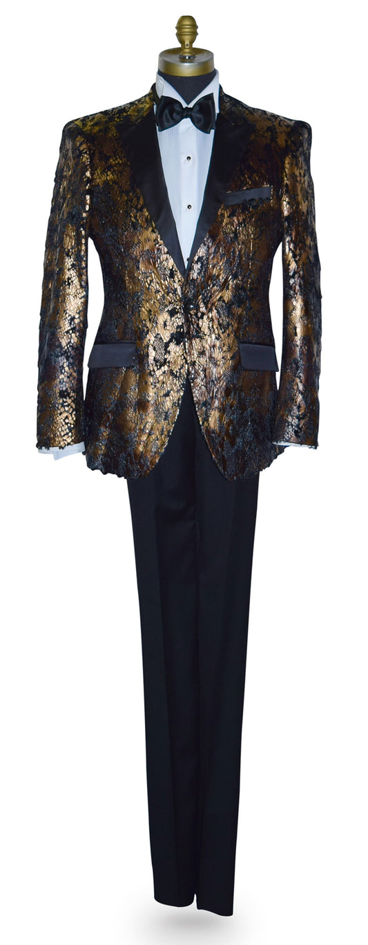 Gold and black tuxedo jacket with black pants on a mannequin against a white background