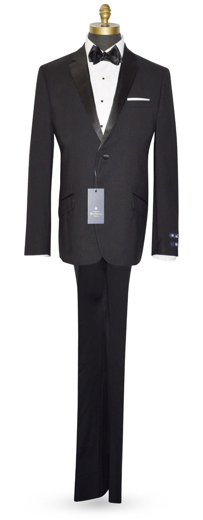 Full length mannequin wearing a Black Ben Sherman tuxedo with a black satin bowtie against a white background
