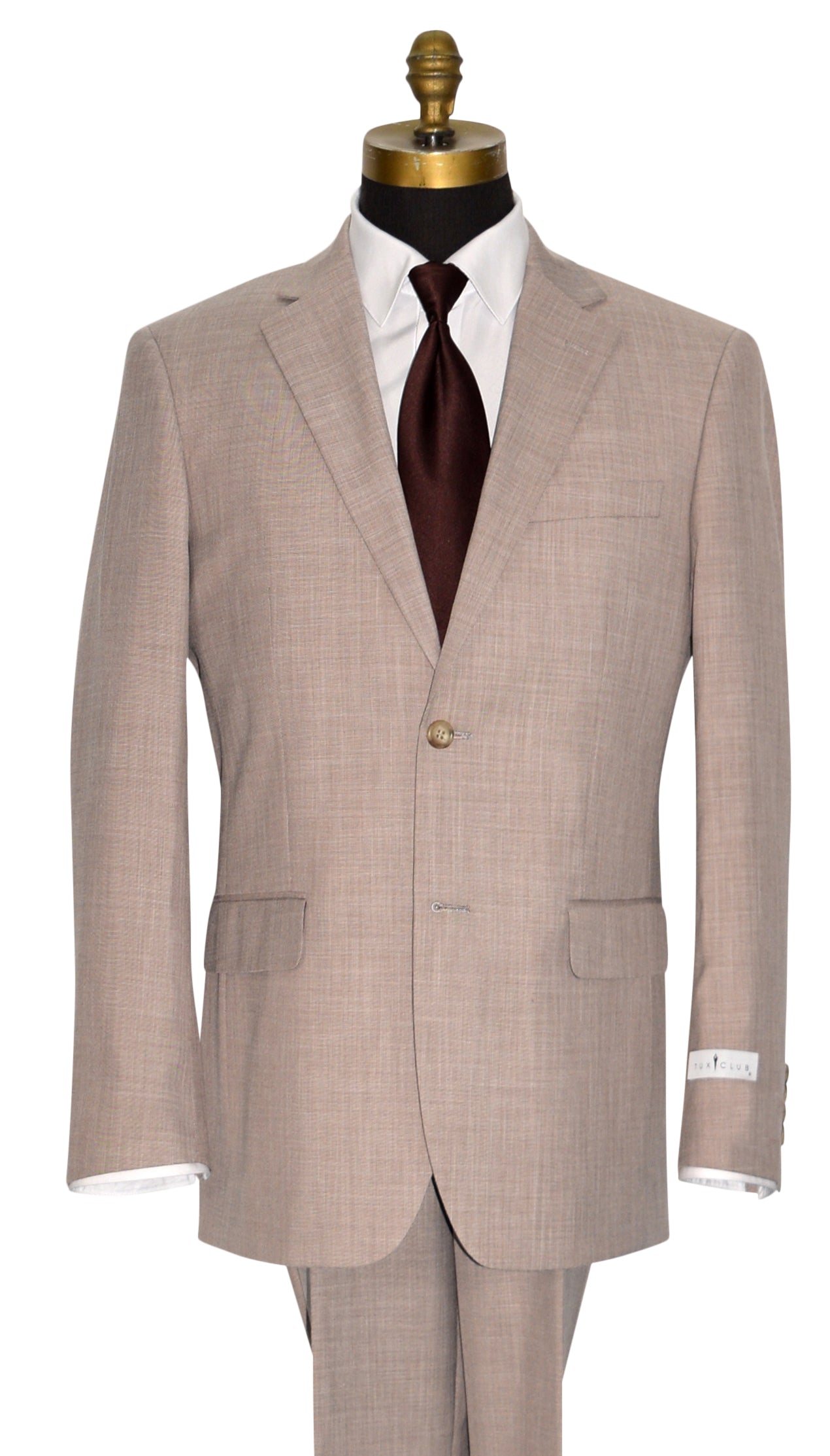 close-up mannequin wearing a biscotti brown men's suit with a white shirt and a brown necktie
