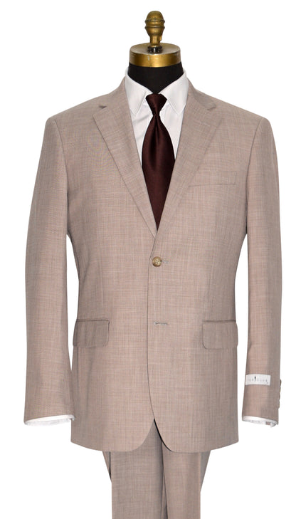 close-up mannequin wearing a biscotti brown men's suit with a white shirt and a brown necktie