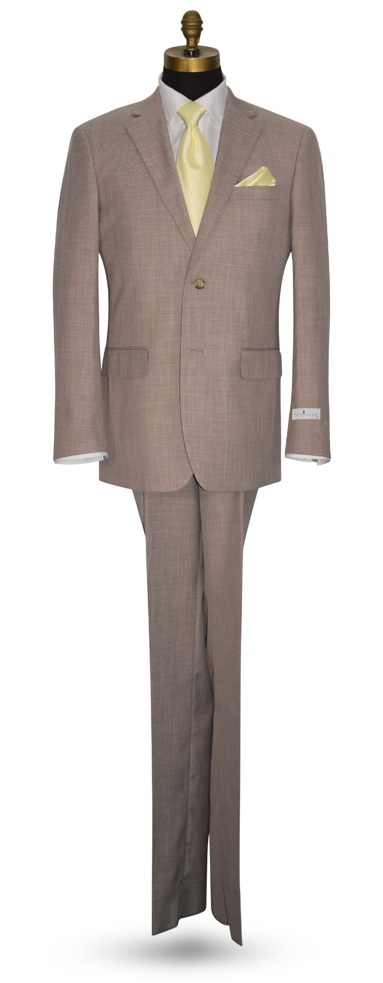 Life size mannequin wearing a men's 2 piece biscotti brown suit with a light yellow necktie against a white background