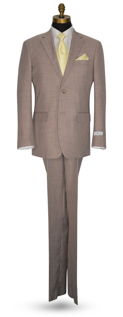 Life size mannequin wearing a men's 2 piece biscotti brown suit with a light yellow necktie against a white background