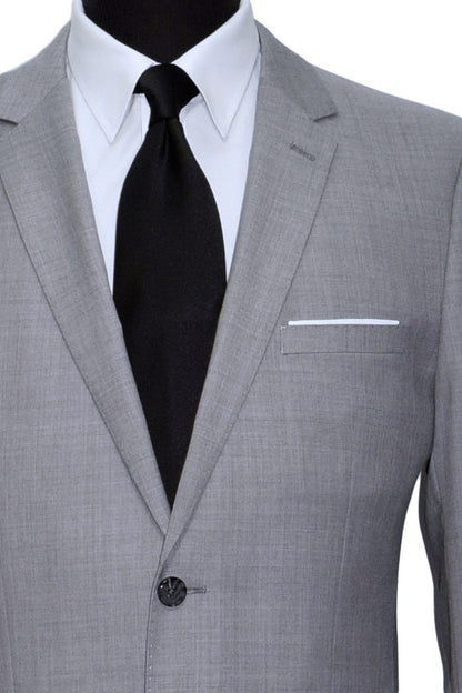 Men's gray suit jacket with a black silk necktie and white shirt on a white background