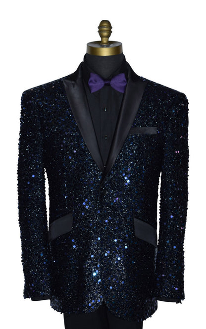 close-up Black and purple sequin tuxedo on a mannequin wearing a black shirt and purple bowtie against a white background