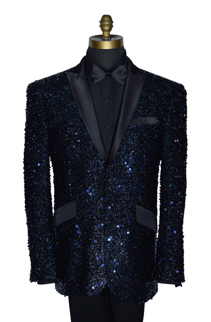 close-up Black and purple sequin tuxedo on a mannequin wearing a black shirt and black bowtie against a white background