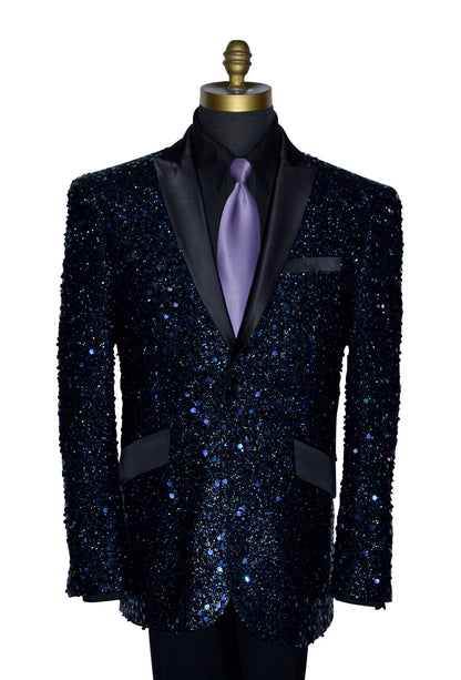 close-up Black and purple sequin tuxedo jacket with a purple tie on a mannequin against a white background