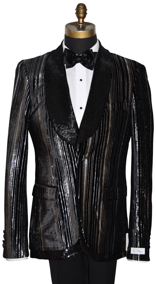 Black sequins tuxedo with shawl collar on a mannequin against a white background