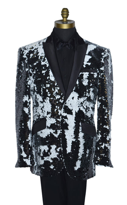 close-up Black and white sequin jacket on a mannequin with a black tuxedo shirt and black bowtie against a white background
