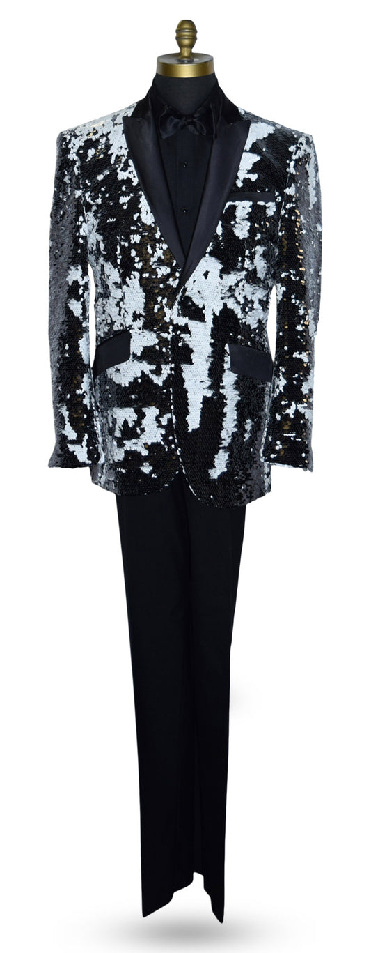 Black and white sequin jacket on a mannequin against a white background