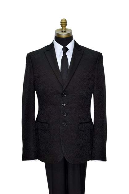 black brocade peak-lapel tuxedo on a mannequin against white background