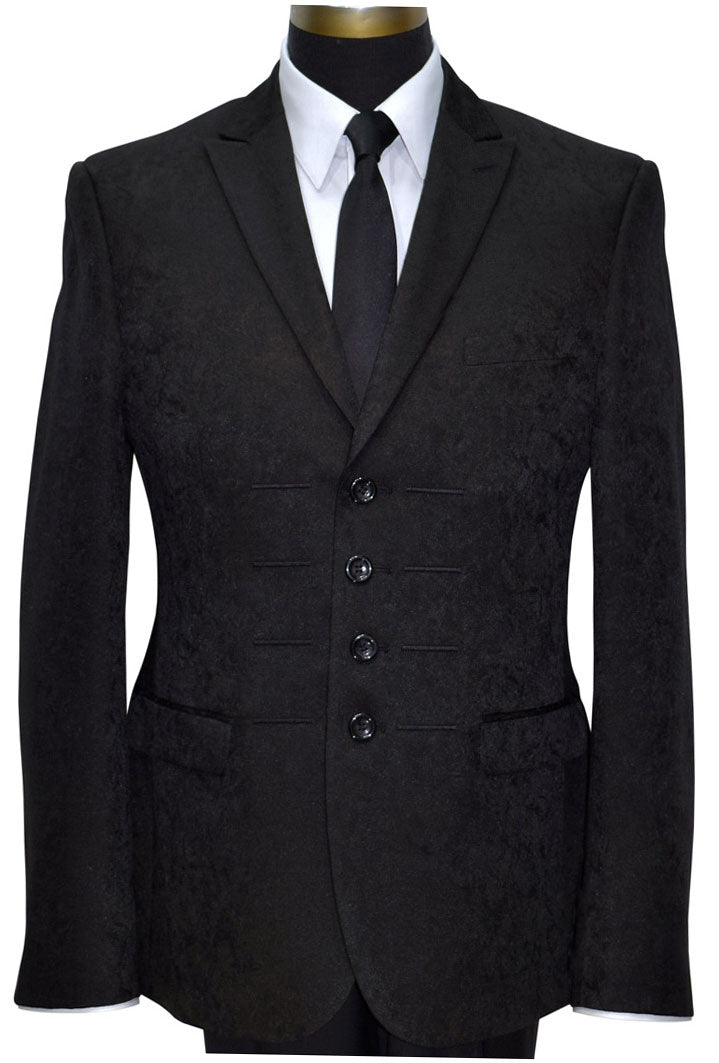 close-up front view black brocade tuxedo against a white background