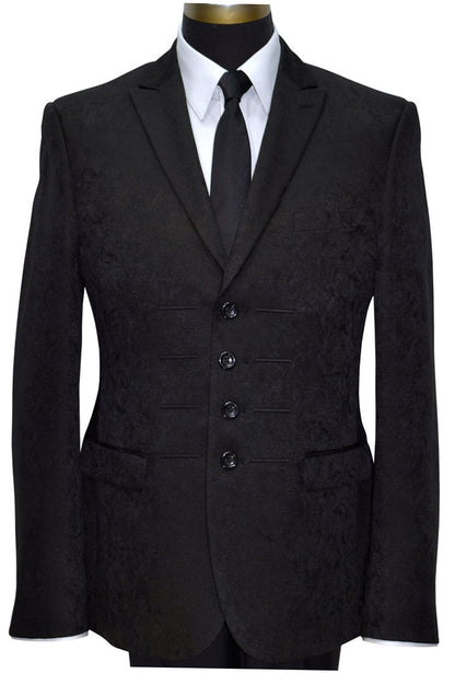 close-up front view black brocade tuxedo against a white background