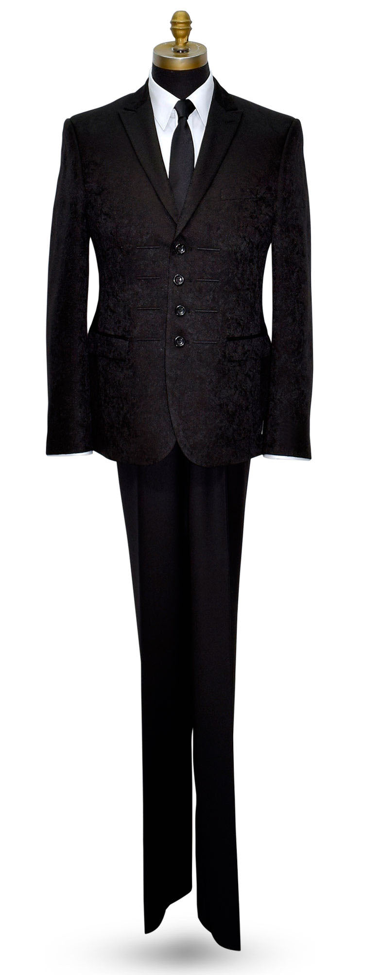 black brocade tuxedo on a mannequin with a long black necktie