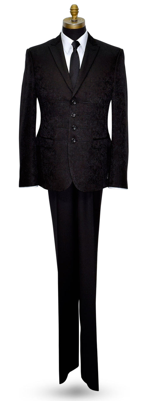 black brocade tuxedo on a mannequin with a long black necktie