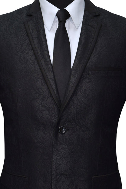 Black brocade patterned notch lapel tuxedo with a white shirt and black tie on a white background