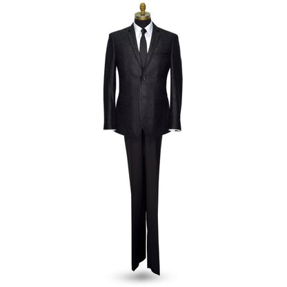 A black brocade tuxedo with satin trim on the notch lapel, displayed on a mannequin.
