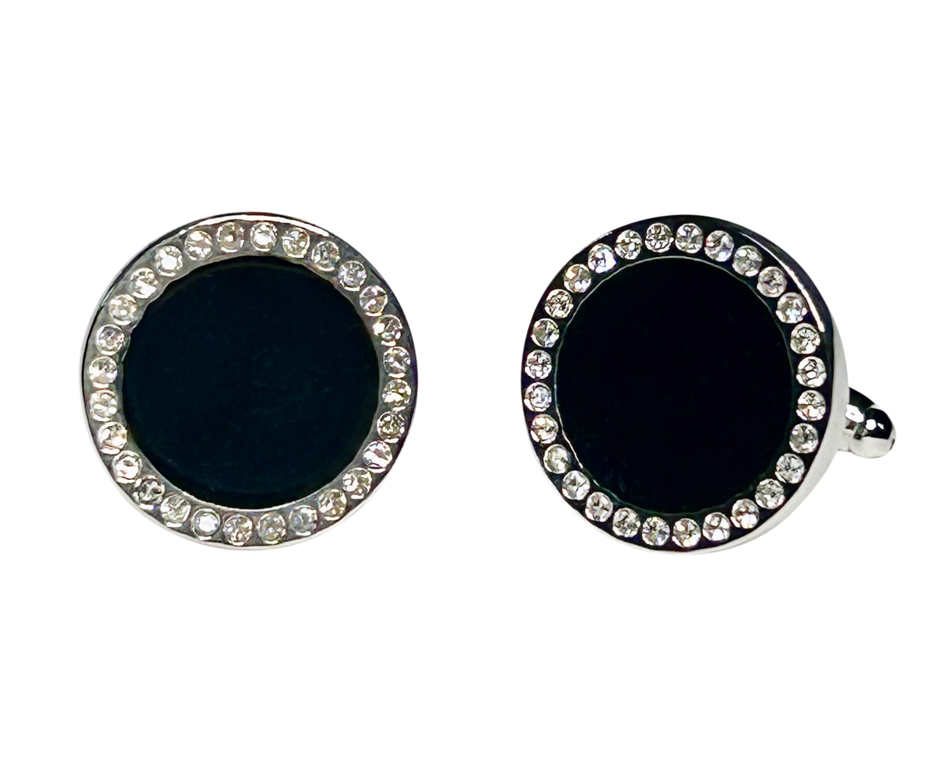 Round cufflinks with black center and cubic zirconia crystals silver border on a white background