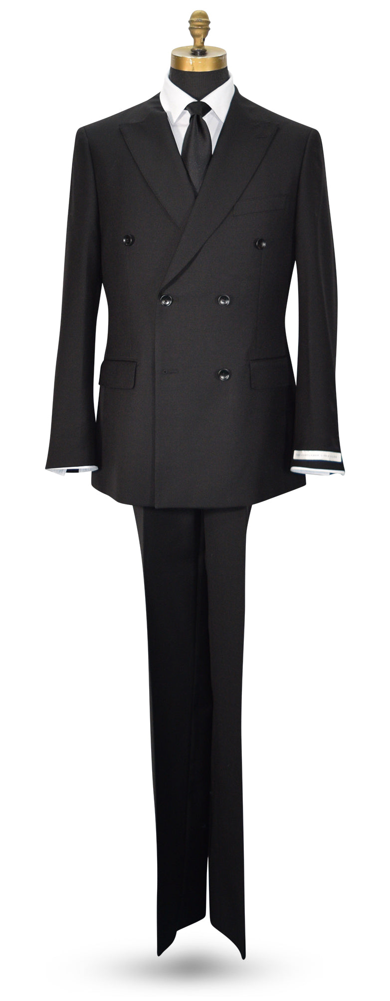 life size mannequin wearing a black double-breasted men's suit displayed with a white dress shirt, black necktie, and black trousers. The jacket features peak lapels, six buttons, flap pockets, and super lightweight tropical wool.