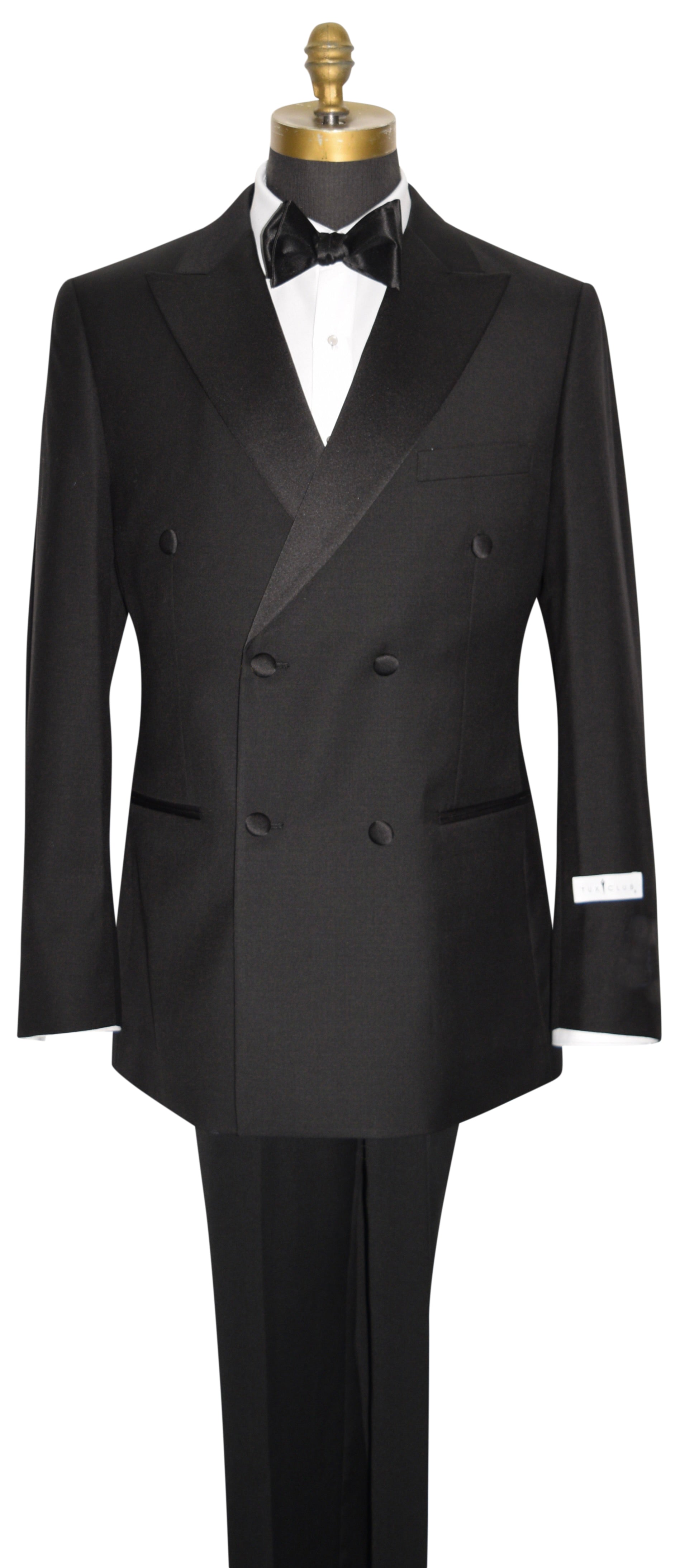 black double breasted tuxedo with bowtie against a white background