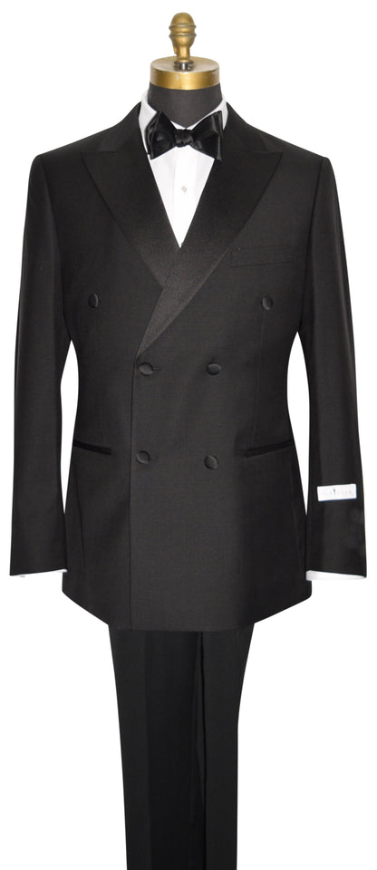 black double breasted tuxedo with bowtie against a white background