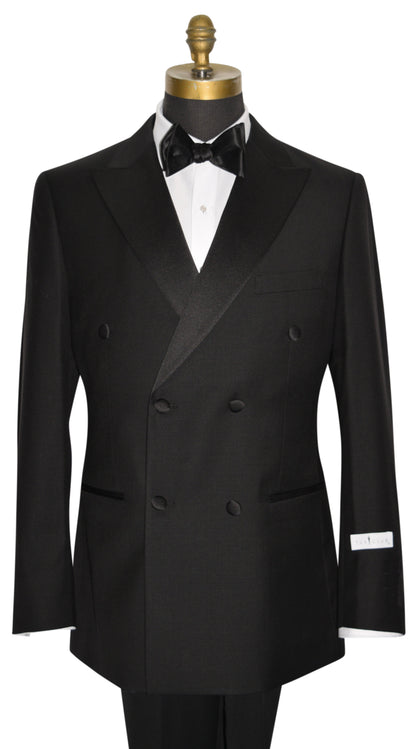 close-up black double breasted tuxedo against a white background