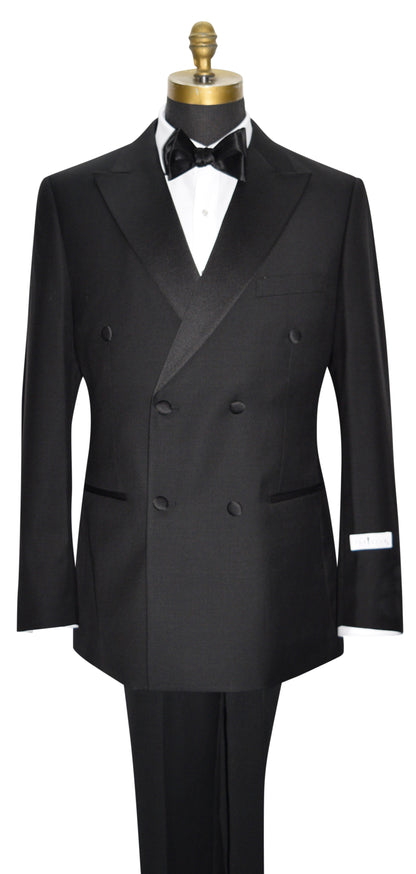 mannequin wearing a black double breasted tuxedo with a black bowtie against a white background