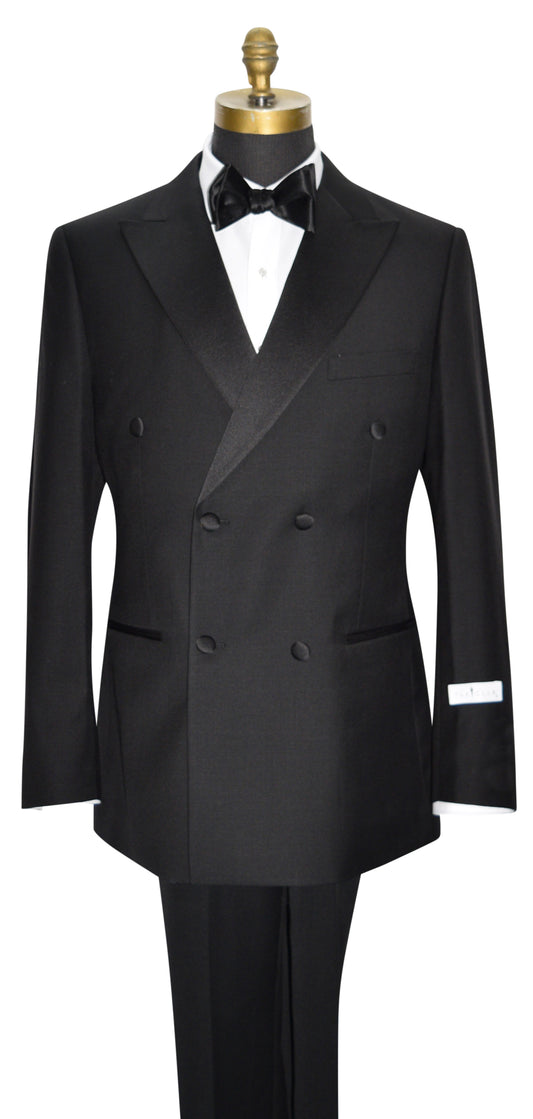 mannequin wearing a black double breasted tuxedo with a black bowtie against a white background