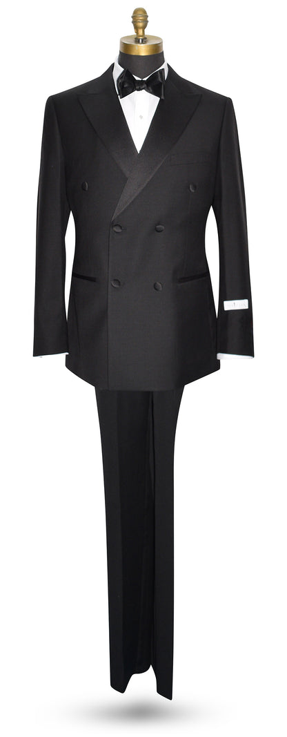 life size mannequin wearing a black double breasted tuxedo with a white tuxedo shirt and black bowtie against a white background