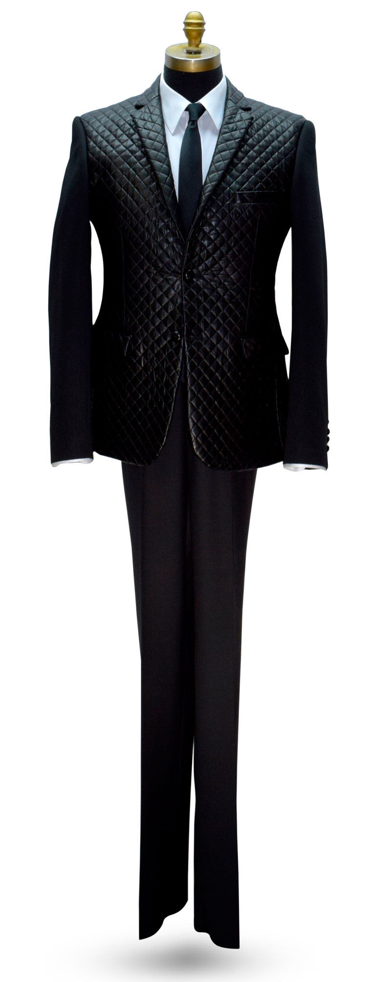 life size mannequin wearing a black tufted jacket with a white shirt and a long black skinny necktie against a white background