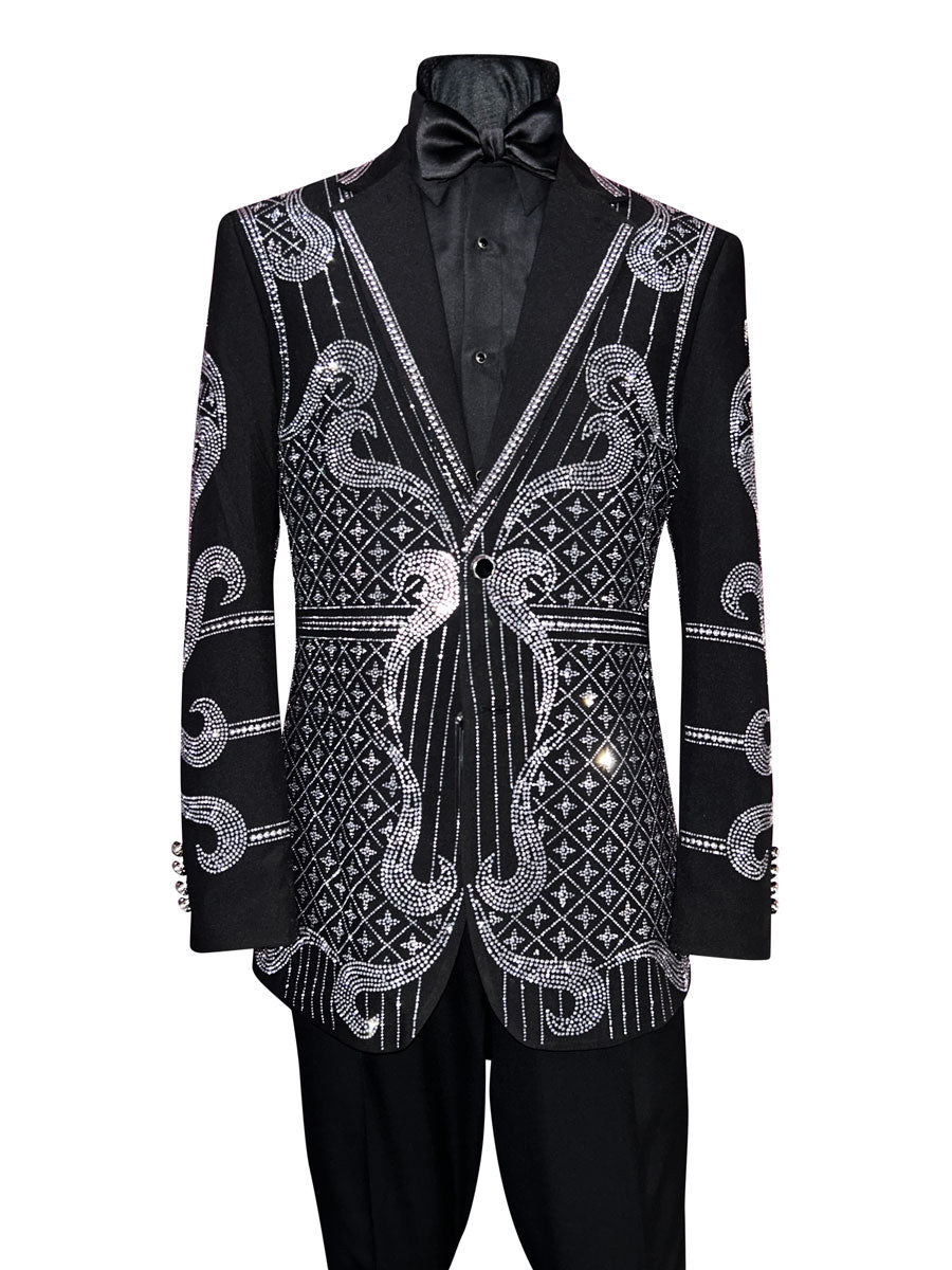 close up of a mannequin wearing a black suit jacket with rhinestones and a black shirt and black satin bowtie against a white background